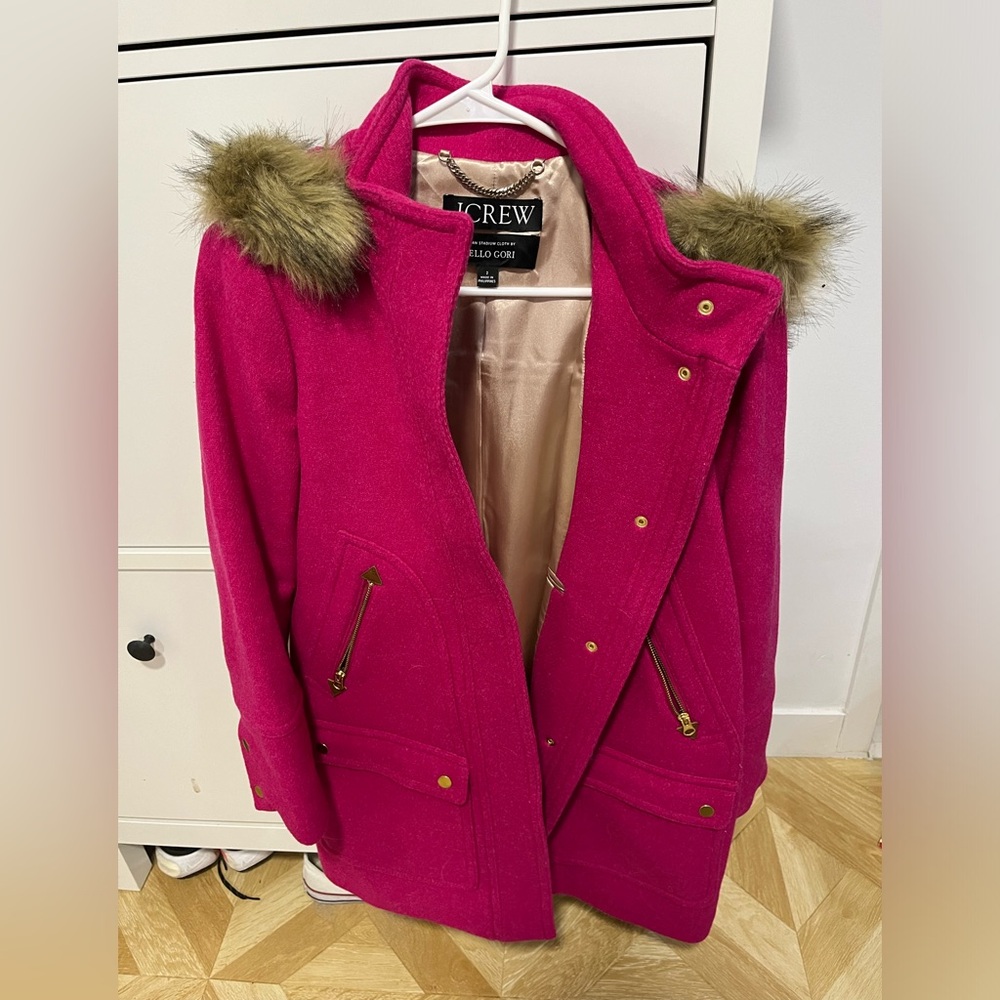 J. Crew Pink Italian Stadium Hooded Coat with Removable Fur